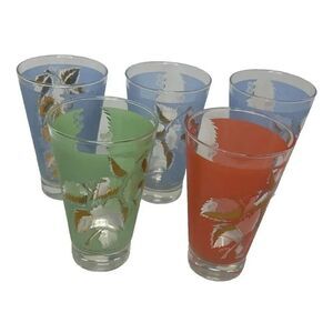 Bartlett Collins Vintage MCM Frosted‎ Mist Glass Tumblers Gold Leaf Set of 5
